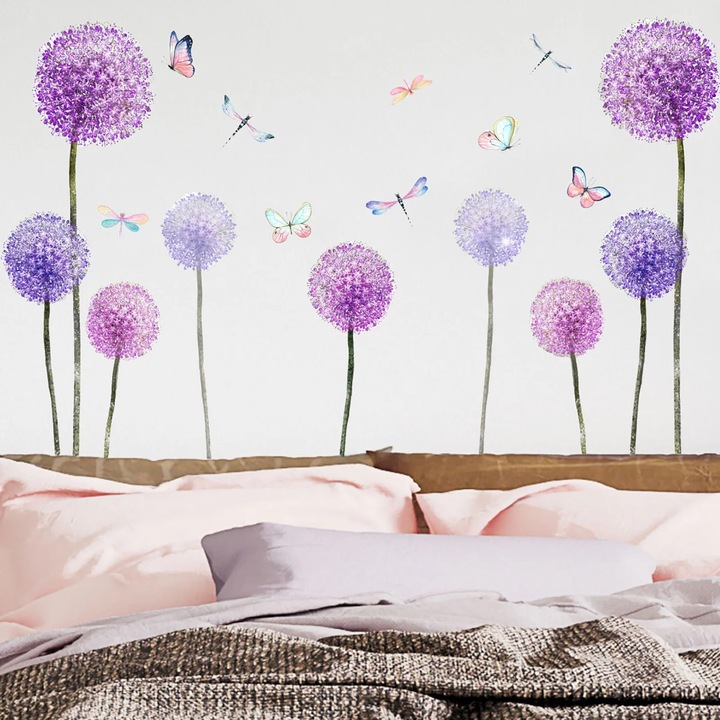 Sticker de perete ZYBLSSBB LSM2xh1459-BCS0221314, flori violete tip papadie cu fluturi si libelule, multicolor, detasabil, material lemn