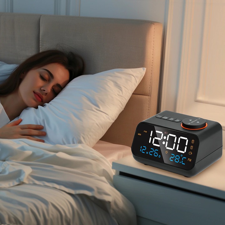 Ceas electronic de birou, afisaj LED, radio, suport FM, setare 12/24 ore, afisaj inteligent al temperaturii si umiditatii, Amanati ceasul cu alarma, Ecran LED, Incarcare port USB, Negru