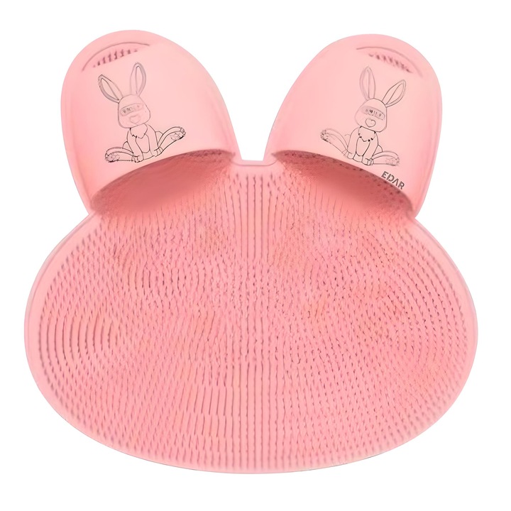 Covoras Din Silicon Pentru Baie Sau Dus EDAR, Functie Masaj Picioare, Antiaderent, Ventuze, Design Iepuras, 44 x 44 Cm, Roz