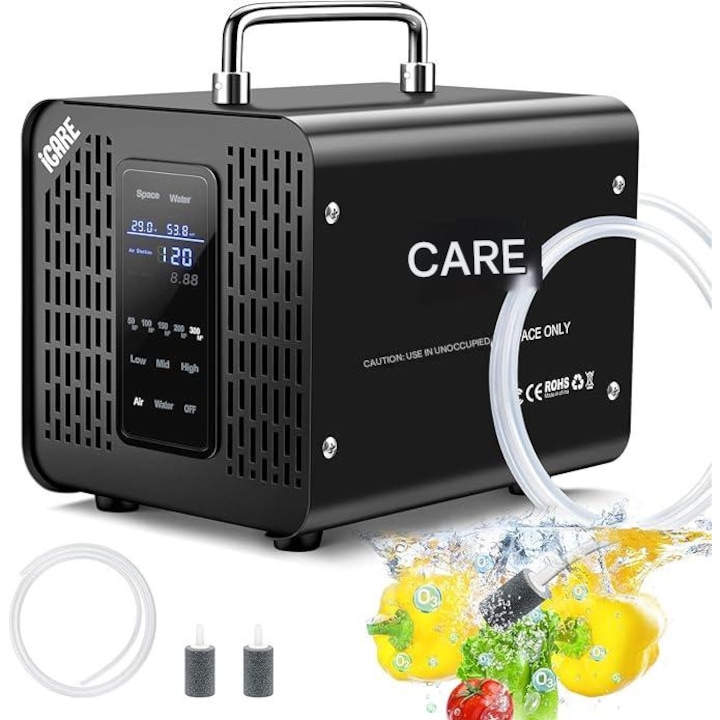 Generator de ozon profesional, pentru apa si aer, debit ozon 60000 mg/h, 2800 rpm, >45 dB, temporizator 120 minute, elimina mirosurile de masina, fum, animale de companie, mirosuri de bucatarie