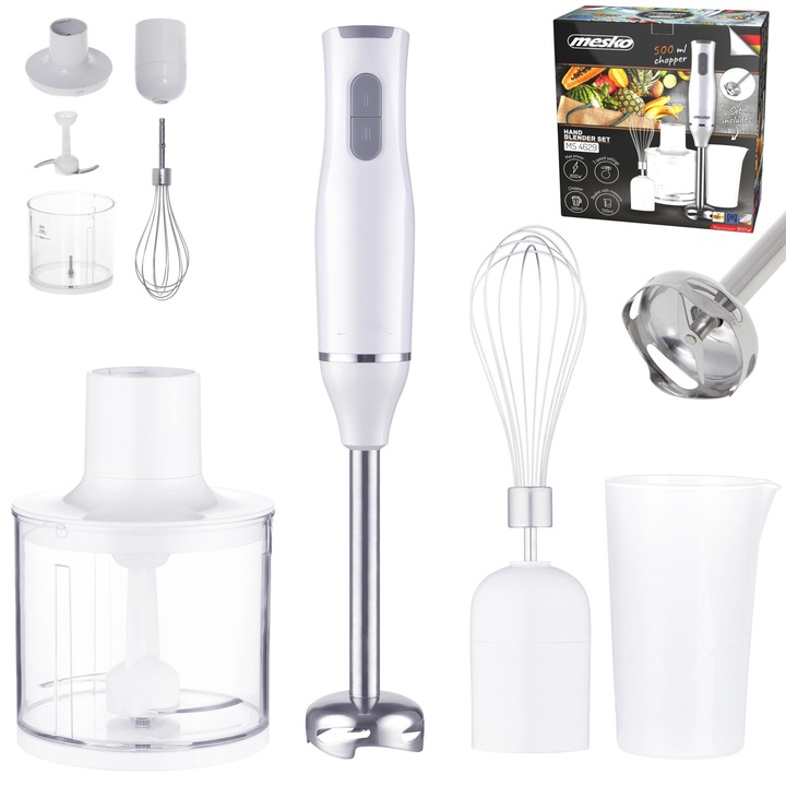 Mixer De Mana, Recipient Cu Tocator, 500Ml, Recipient Cu Masura, 700Ml, Cap De Mixare Din Otel Inoxidabil, Tel Cu Transmisie Din Otel Inoxidabil, Mesko, Ms4629, Argintiu