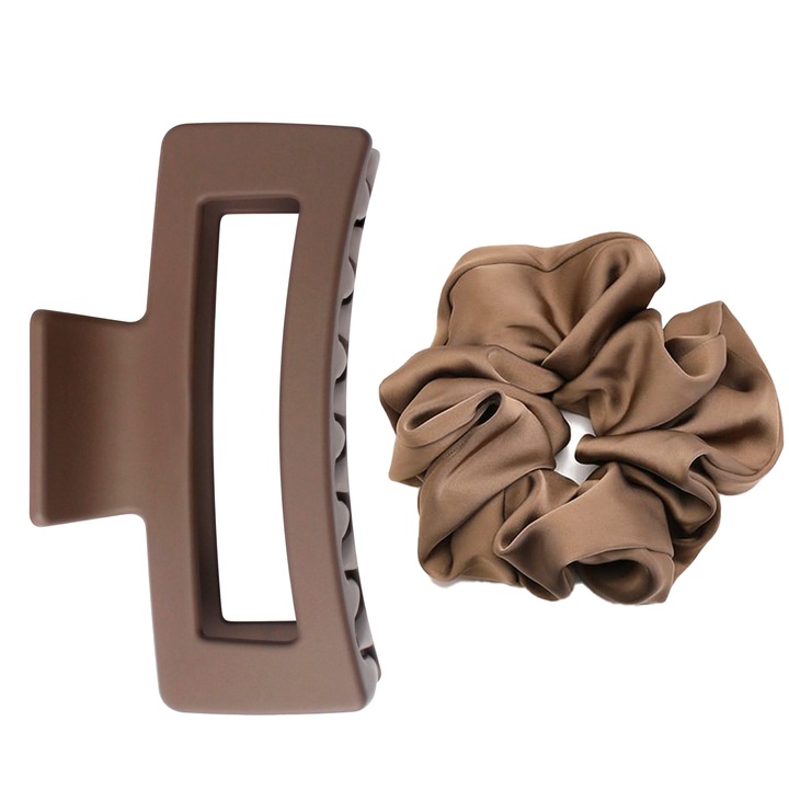 Set 2 Accesorii Par, Clips Mare Antialunecare, elastic din Satin, maro