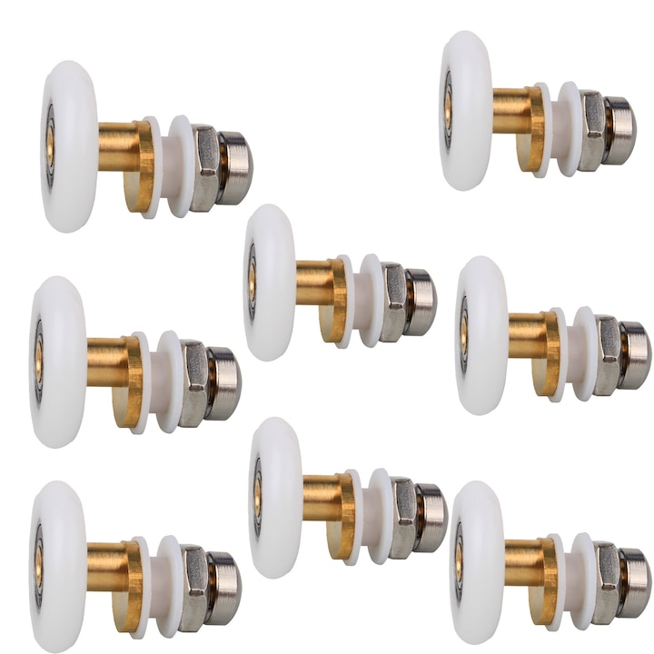 Комплект 8 ролки за душ врата, Axroad Mall, Подходящи за ролките на плъзгащи се стъклени врати за баня, Устойчиви на износване, Висока товароносимост, Лесен монтаж, Съвместими със стъклени врати от 4mm-6mm, Найлон/Мед, 25 мм, Бял