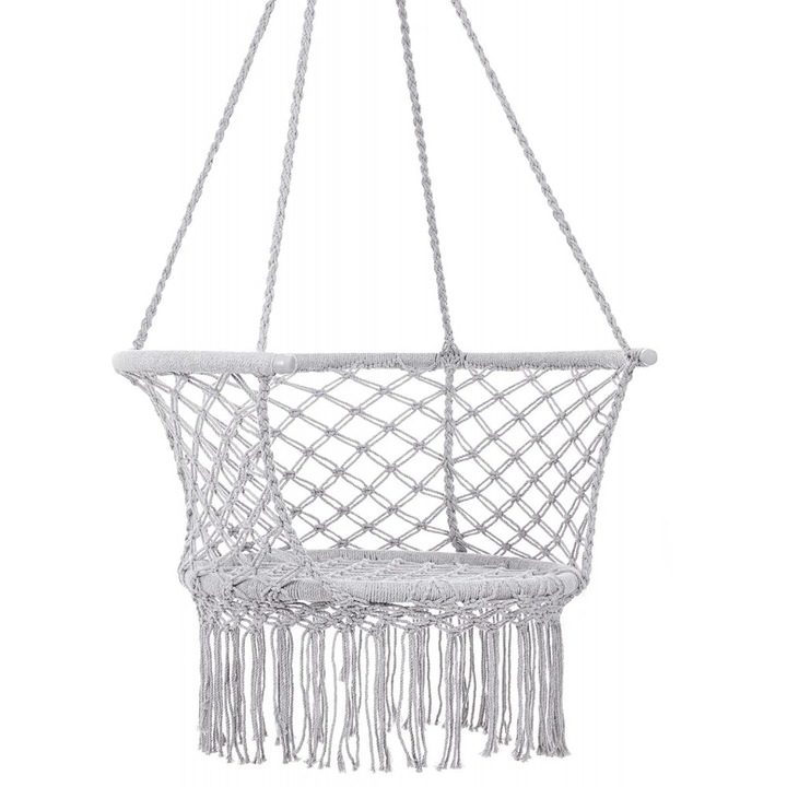 Leagan suspendat cu spatar, pentru curte sau gradina, cu franghii din bumbac si cadru metalic, diametru 80 cm, sustine pana la 150 kg, Grey