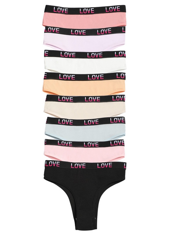 Set lenjerie intima dama, V-thong, bikini, talie cu panglica, multicolor, S, 8 bucati/set
