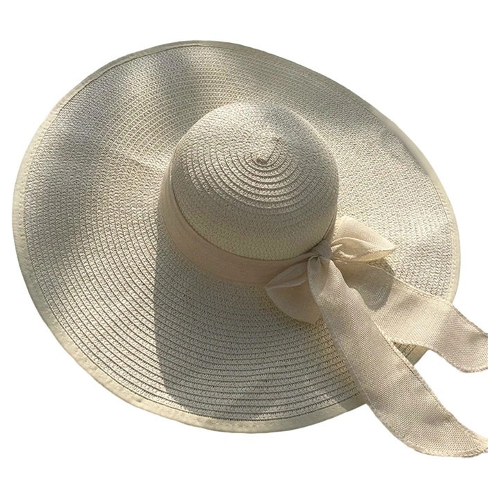 Palarie de plaja pentru femei, decor cu funda, material din fibra impletita, 56x58cm, multicolor