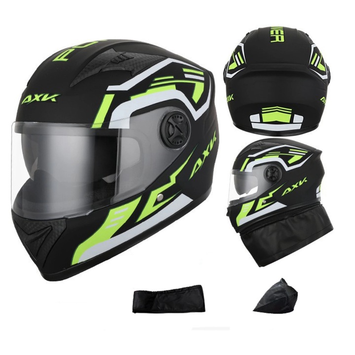 Casca protectie moto cu ochelari integrati, Unisex, Protectie UV, HD anti-ceata, Ventilatie buna si permeabilitate la aer, Cu esarfa de iarna detasabila, usor de curatat, ABS, 54-61cm, Negru/Verde