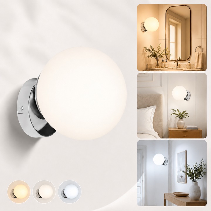 Plafoniera de perete Led, Mckalen, E27, Crom, 18 cm, Abajur Sferic din Sticla, Baza Metalica, Aplica Moderna pentru Dormitor si Living