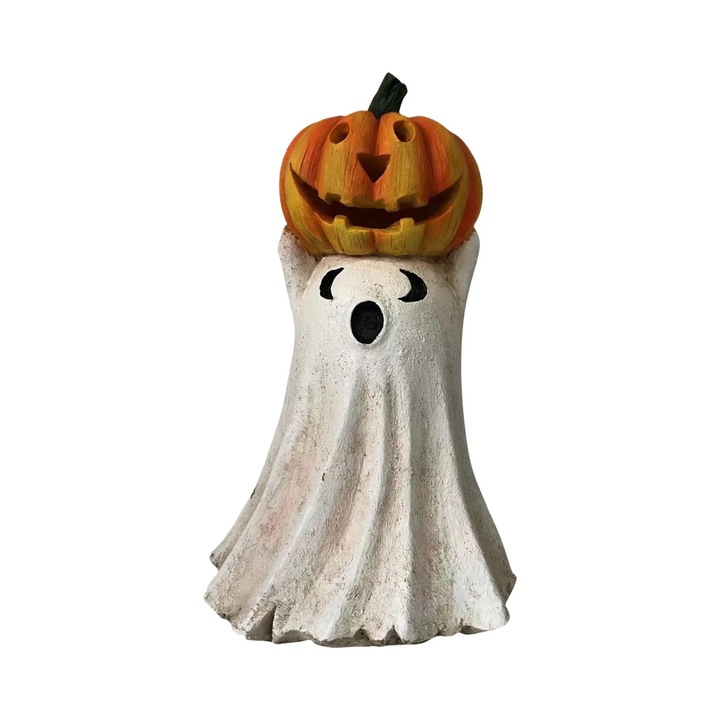Ornament decorativ Halloween ZYblssbb LSM2xh2762-BCS0325550-1, figurina fantoma din rasina cu dovleac iluminat LED pe baterii, alb/orange