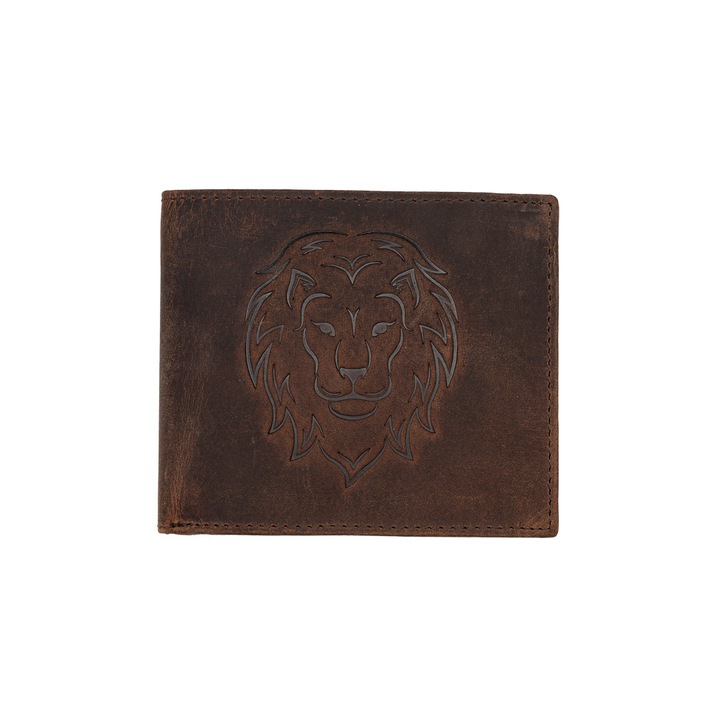 Мъжки портфейл от кафява естествена кожа, зодия Лъв