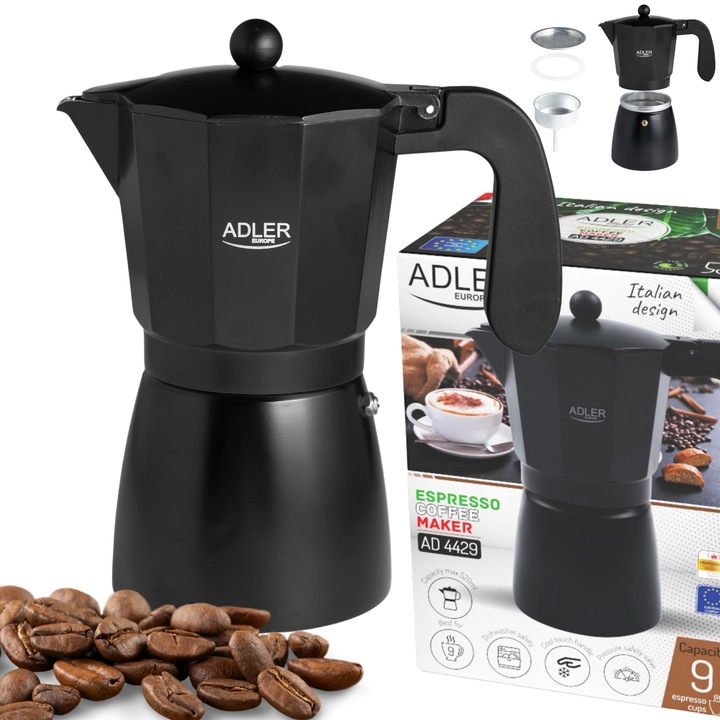 Kávéfőző készlet tartozékokkal, kávészűrő, tömítés, őrölt kávé tartály, víztartály, Adler, Ad4429, üveg, szigetelt fogantyú, gáztűzhelyhez alkalmas, elektromos