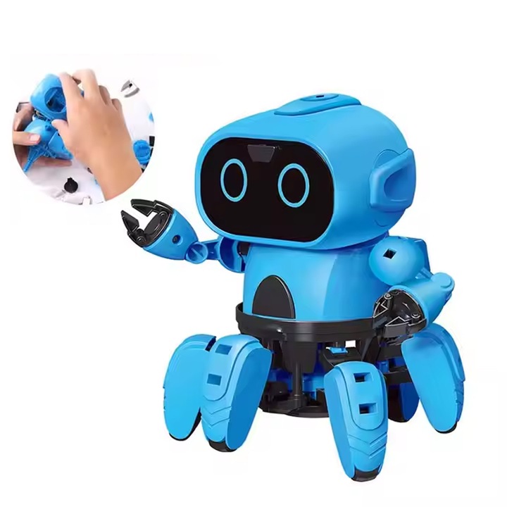 Robot interactiv de jucarie DIY, Axroad Mall, Urmarire automata si recunoastere a drumului, Ochi cu lumini LED, Rotatie de 360°, Cap si brate flexibile, Fara BPA, Interactiv si educational, Plastic, 12x12x16 cm, Albastru