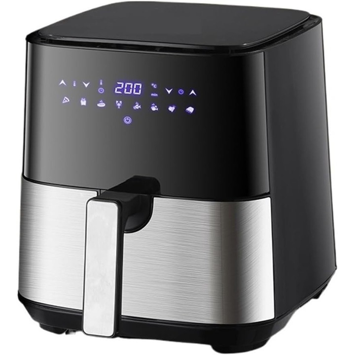 Фритюрник с горещ въздух, без олио, SeveShop® фритюрник с горещ въздух, капацитет 5,5 л, дигитален сензорен екран, 8 предварително зададени програми, 60-минутен таймер, функция за поддържане на топлина, автоматично изключване, мощност 1400 W, черен