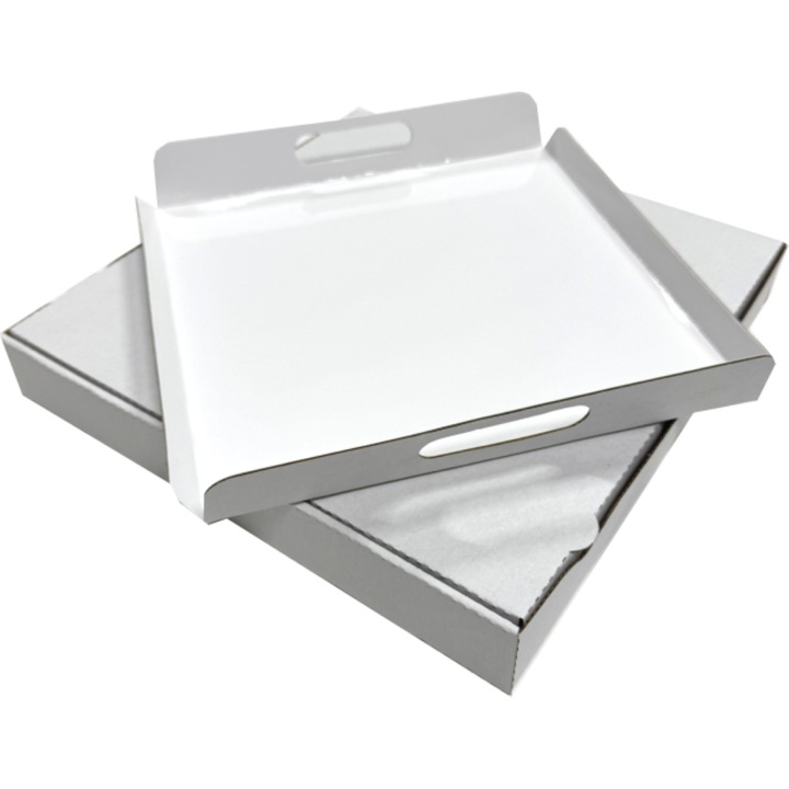 Set 25 buc cutii transport albe pentru prajituri, 24 x 24 x 4.5 cm, include tavi albe cu maner, 22.5 x 22.5 x 2 cm