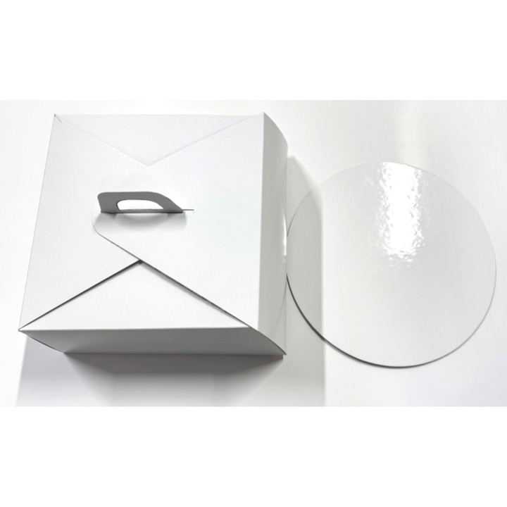 Set 25 buc cutii tort albe, carton duplex, 30 x 30 x 13.5 cm, include discuri albe groase, 30 cm