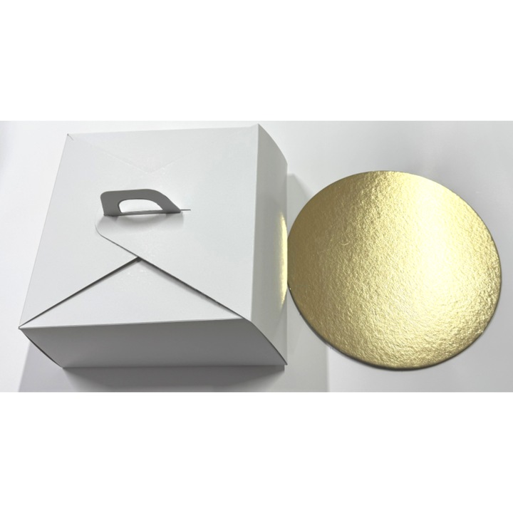 Set 25 buc cutii tort albe, carton duplex, 30 x 30 x 13.5 cm, include discuri aurii groase, 30 cm