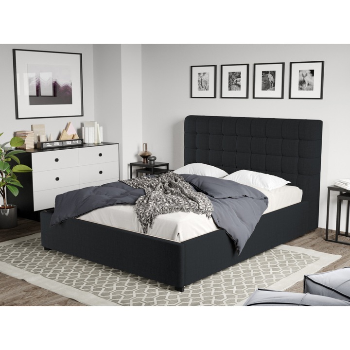 Pat Tapitat Rivo cu Somiera fixa, 140x200, Negru/Falcone 14