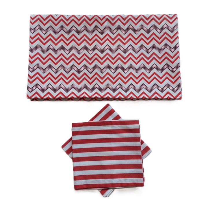 Set cearceaf pat si fete de perna, Atelier Mosorel, model geometric, alb rosu, bumbac ranforsat, densitate 144 g/m2, 240x200cm si 40x40 cm