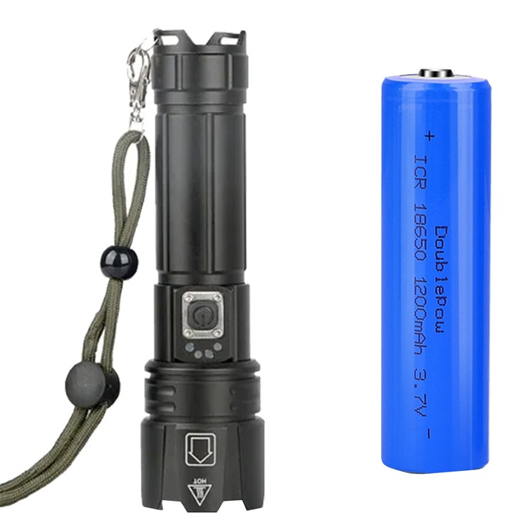 LED фенер, изработен от алуминий, XHP70 Ultra-Bright източник, 18650 Li батерия, професионален, регулируем фокус, батерия включена, водоустойчив, USB зареждане, 1300 лумена, 3 режима на осветление, LEIISVK, черен