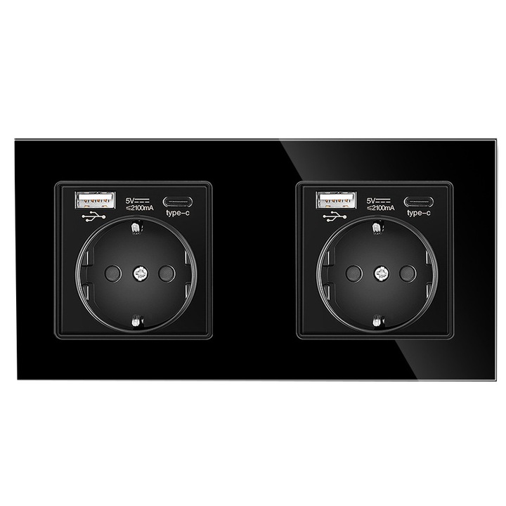 Контакт с рамка от закалено стъкло Vaxiuja, двоен, електрически, 230V, 2 USB-A порта и 2 USB-C порта, 5V, 2A, издръжлив, устойчив на надраскване, черен