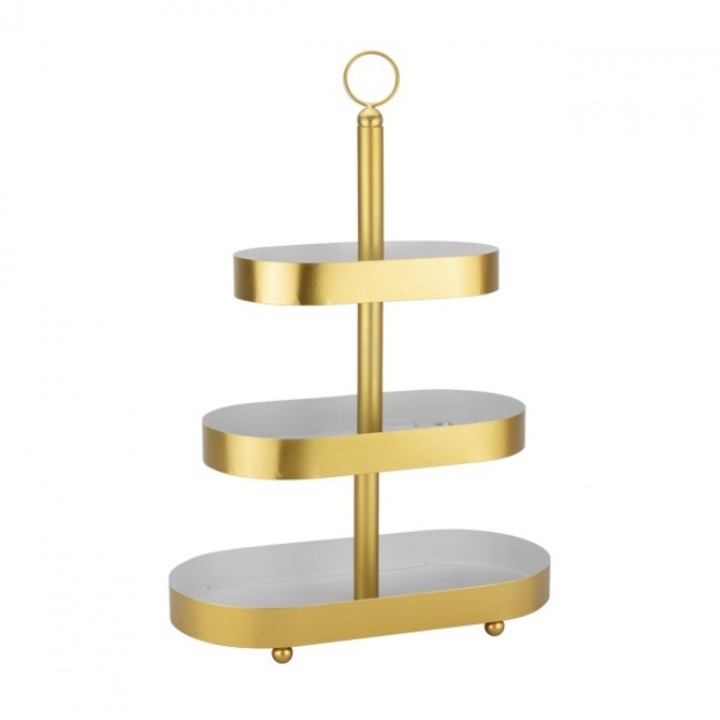 Suport metalic oval CULINARO cu 3 nivele h44cm, 14x30cm, 12x25cm, 20x10cm, alb/auriu