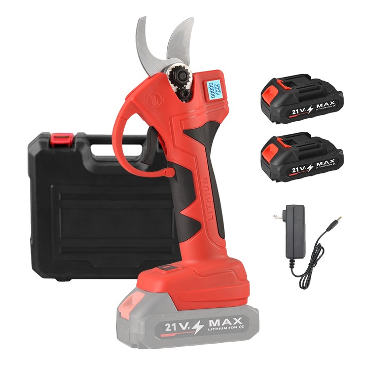 Foarfeca electrica de gradinarit, 21V, 600W, cu 2 baterii, taiere 30mm, rosu/negru