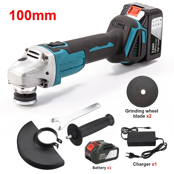 Polizor unghiular cu acumulator, 100 mm, 18 V, motor fara perii, 1 baterie inclusa, stecher UE, Maro