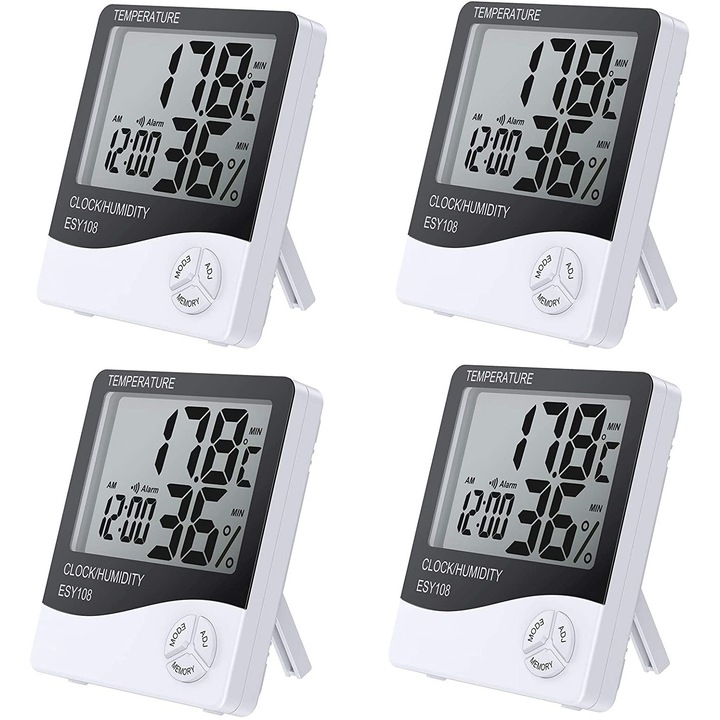Higrometru digital LCD pentru interior, cu 4 piese, cu afisaj LCD, contor de temperatura, contor de umiditate si sistem de timp de 12/24 de ore cu alarma
