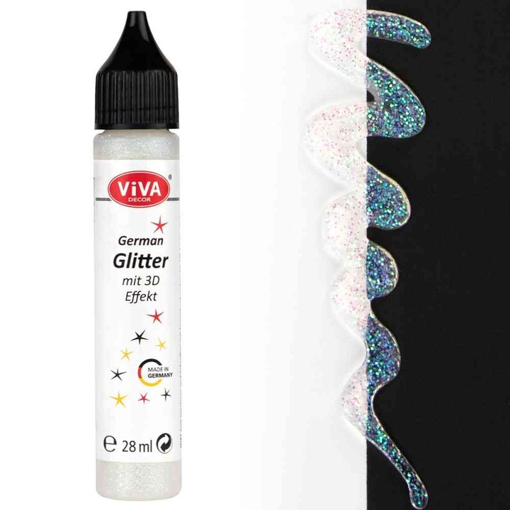 Sclipici adeziv lavabil pentru toate suprafetele, VIVA DECOR, 28ml Alb spectru (hologramm)
