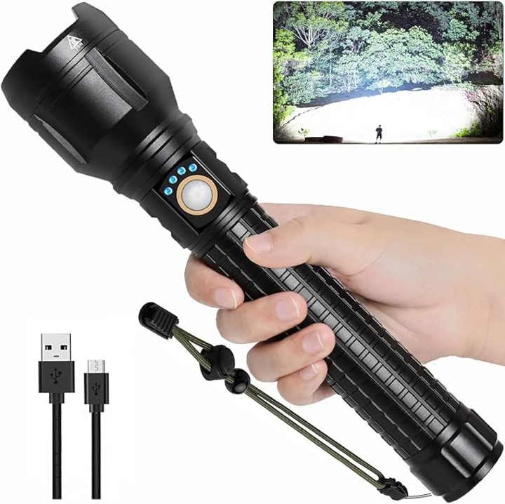 Lanterna LED reincarcabila, 150000 lumeni puternici, lanterna tactica portabila mare pentru exterior cu zoom, 3 moduri, impermeabila IPX7 (negru)