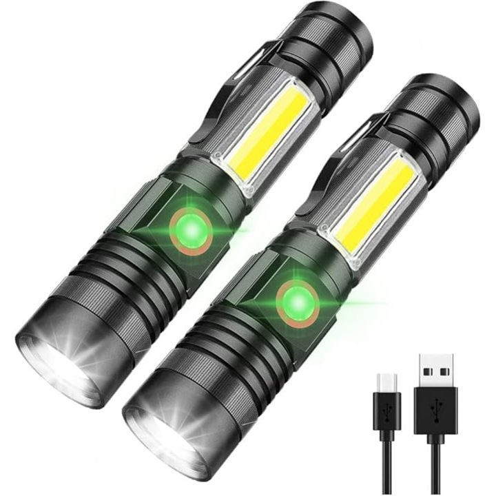 Újratölthető LED zseblámpa, szuper fényes 1000 lumenes mágneses zseblámpa COB munkalámpával, vízálló, 4 üzemmód, taktikai zseblámpák kültéri kempingezéshez, vészhelyzethez, 2 darabos csomag