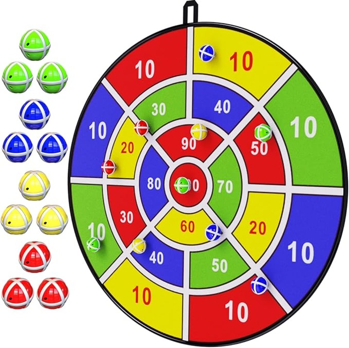 Darts/dobójáték gyerekeknek, 29 hüvelyk, összecsukható, 12 tapadó labdával, textil anyagból, többszínű, 1 szett