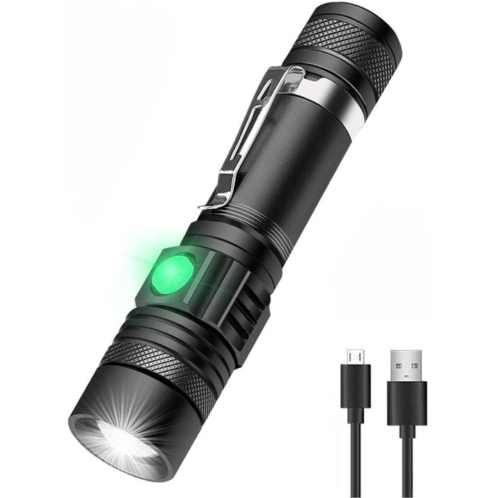 LED taktikai zseblámpa, szuper fényes újratölthető LED zseblámpa, 2000 lumen, zseb LED zseblámpa klipsszel, IPX6 vízálló, zoom funkcióval, 4 üzemmód kempingezéshez, vészhelyzethez, akkumulátor nélkül