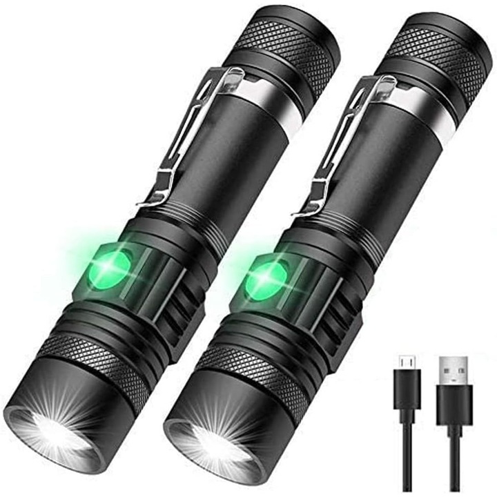 Lanterna tactica LED reincarcabila, lanterna impermeabila IPX6, 2000lm, LED super luminos, cu zoom, lanterna LED mica de buzunar pentru drumetii, camping, urgente, fara baterie