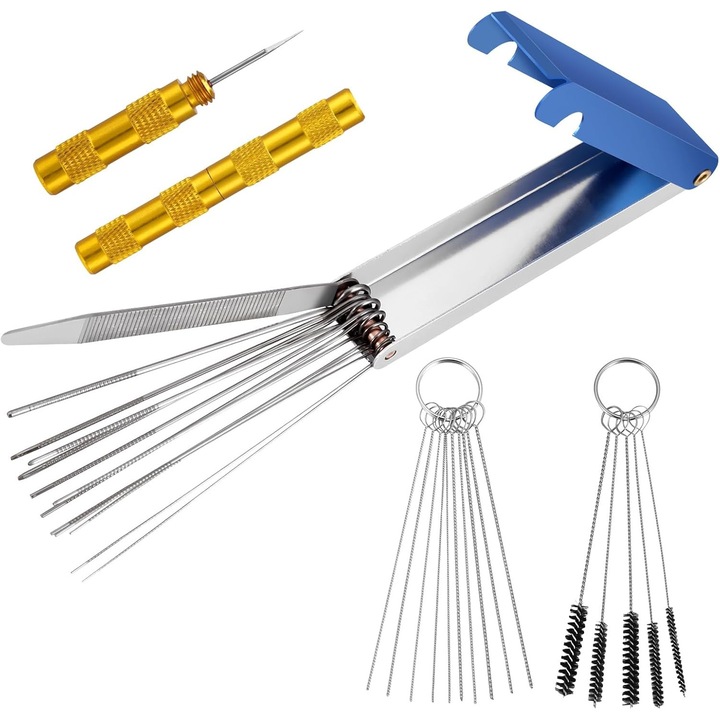 Kit de curatare a carburatorului, curatitor de carburator cu jet de curatare, set de 13 fire de curatare + 10 ace de curatare + 5 perii de nailon + 1 scobitoare ascutita pentru pistol de pulverizare cu carburator de sudura pentru ATV-uri si mopeduri