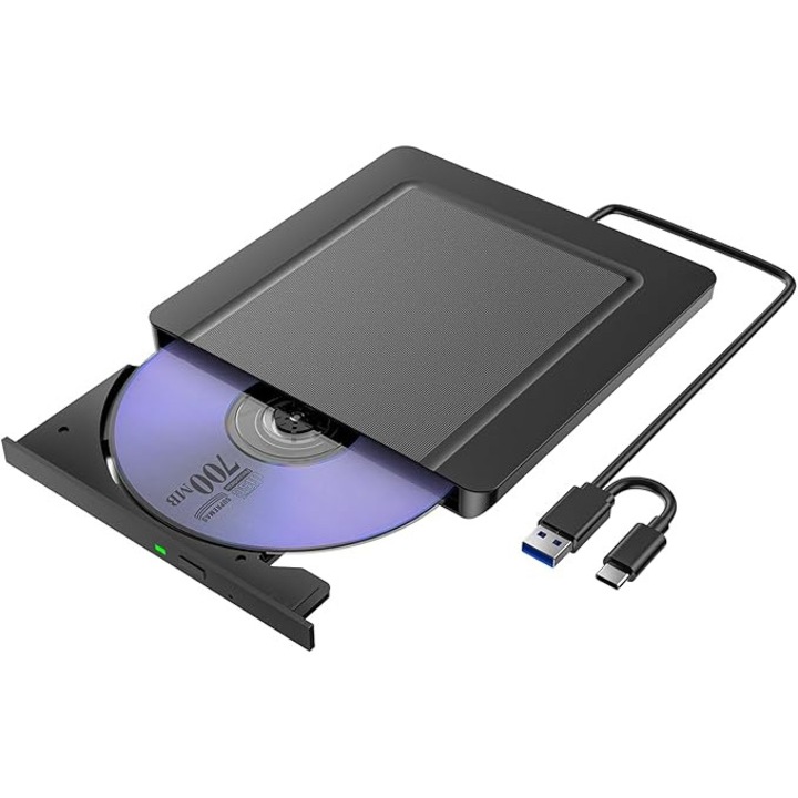 Unitate externa CD/DVD, USB 3.0 si USB-C, design ultra-subtire, portabila, compatibila cu PC/Laptop, Windows 11/10/8/7/XP/Vista/Linux/MacOS