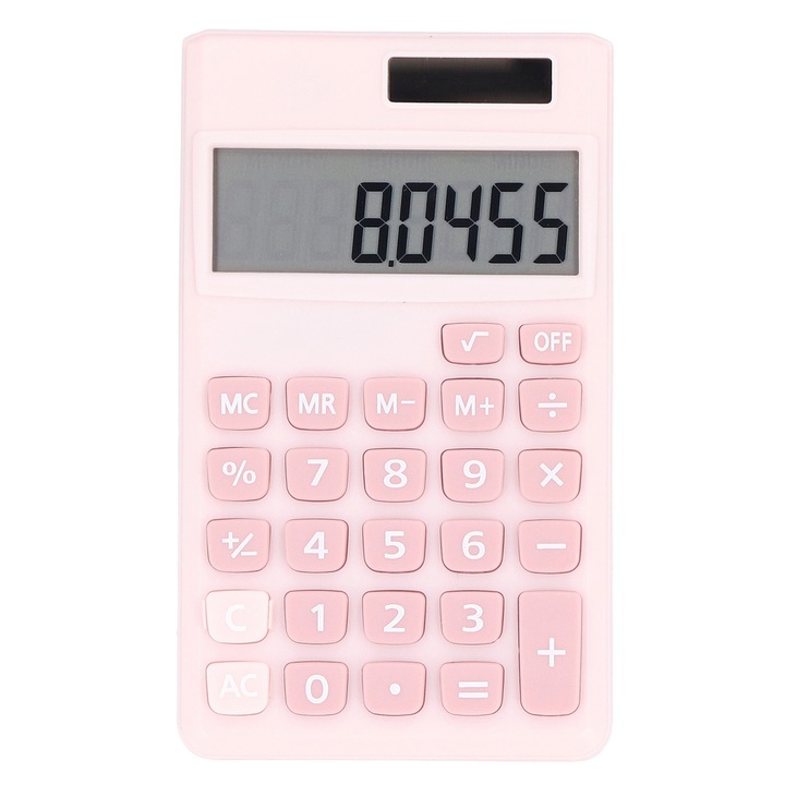 Calculator de buzunar portabil cu 8 cifre, alimentat cu baterii solare, cu alimentare dubla, cu afisaj LCD mare si buton sensibil mare, roz