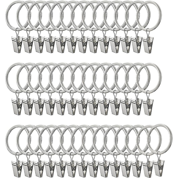 Set 40 inele pentru perdele cu clipsuri, metalice, argintii, 3.5mm x 25mm