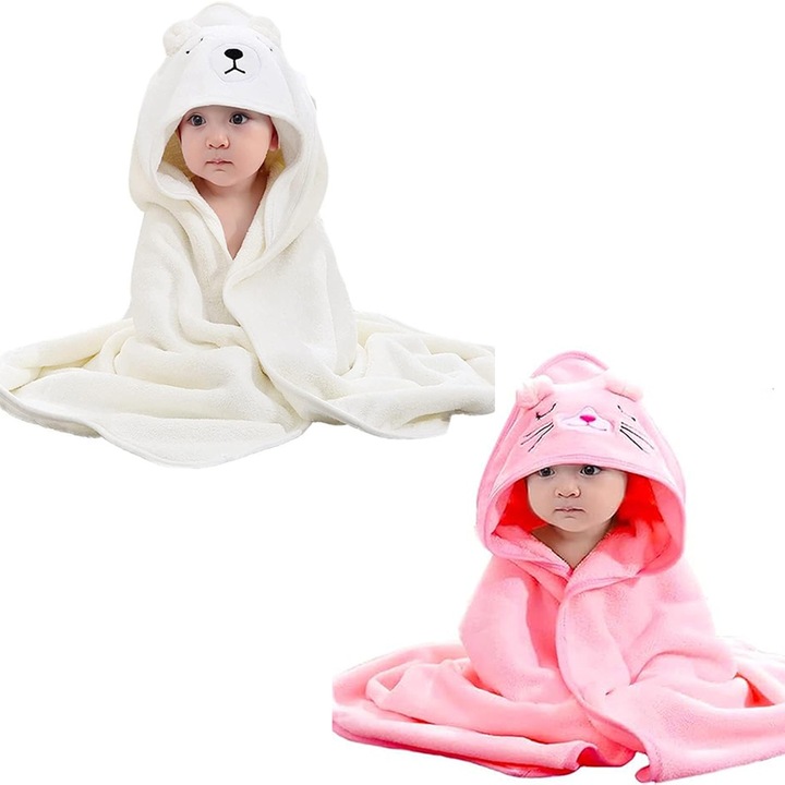 Set 2 prosop de baie cu gluga pentru bebelusi, Axroad Mall, Prosop de baie pentru copii, Model urs si pisica, Super absorbant, Moale si prietenos cu pielea, Uscare rapida, Design infasurator la 360°, Lana de corali, 80 x 80cm, Alb/Roz