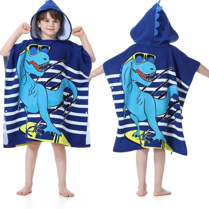 Детска кърпа-пончо с качулка, Axroad Mall, Микрофибърна плажна хавлия с качулка, С копчета, Мека и нежна към кожата, Подходяща за деца 100-150 см за дома, банята, плажа, Модел на динозавър, 60*120 см, Многоцветна