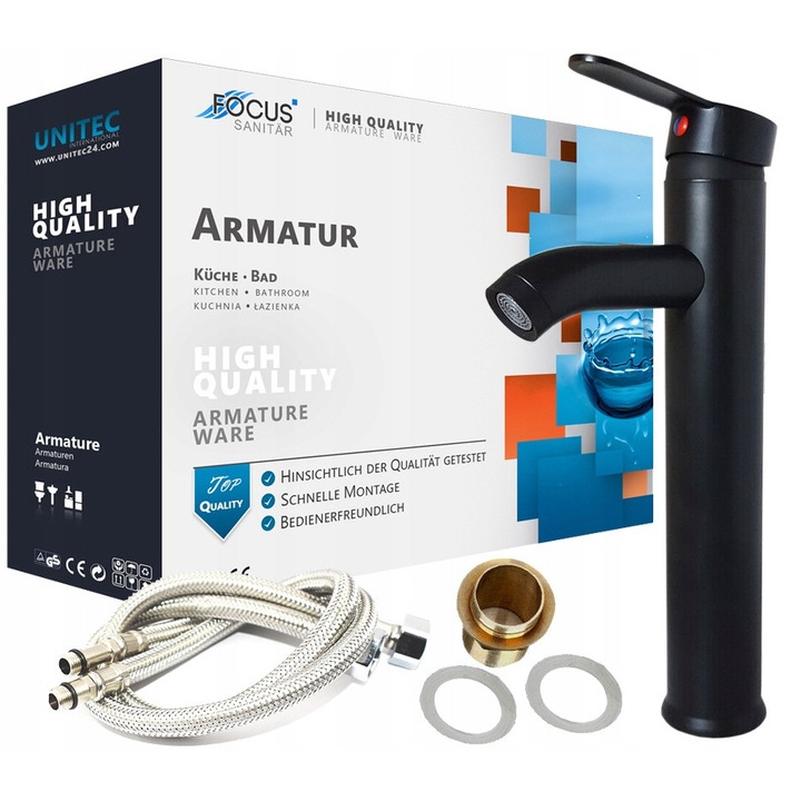 Baterie de baie Focus Sanitar, montare pe blat, set inclus, negru, design modern