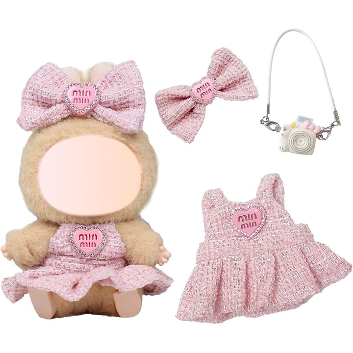 LABUBU jelmezekhez való babaruhák (babák nélkül), rózsaszín ruha + masni + kamera, 3 darabos szett