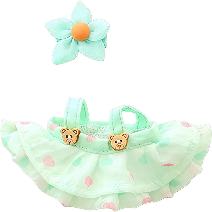 Babaruhák, LABUBU ruhák (babák nélkül), zöld ruha + virágok, 2 darabos szett