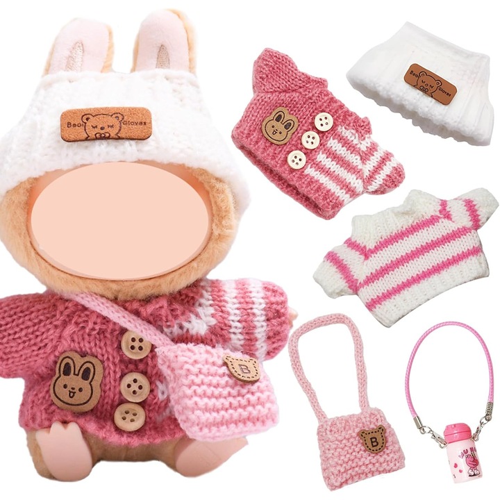Babáknak való ruhák, LABUBU ruhák (babák nélkül), rózsaszín pulóver + sapka + táska, 5 darabos szett