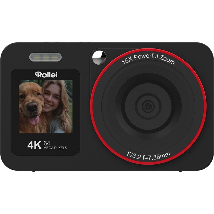 Aparat foto compact Rollei Compactline 64, 64MP, 4K, ecran dublu, zoom digital 16X, ecran 2.8 inch, Negru