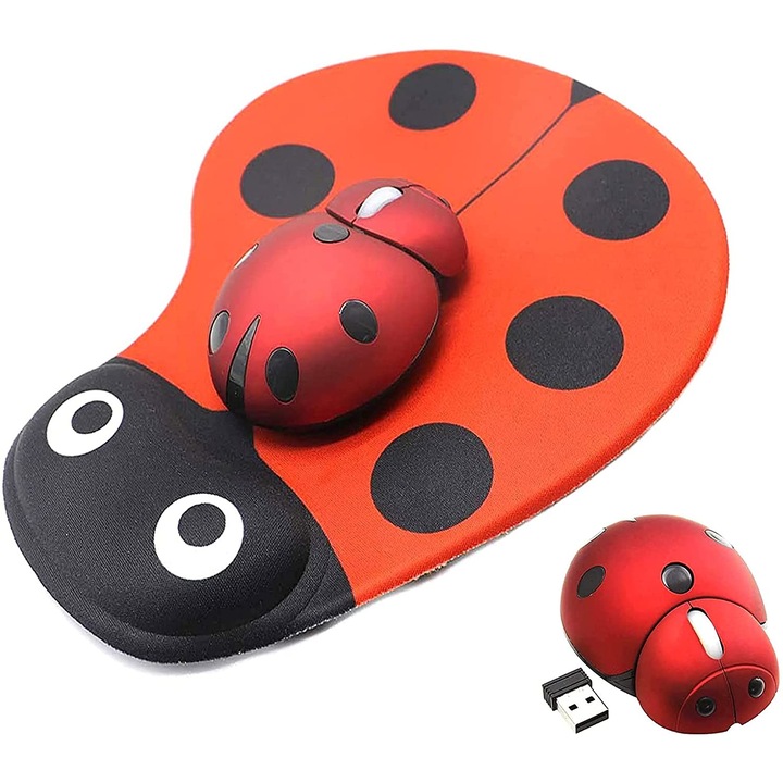 Mouse wireless Ladybug cu mouse pad, Mouse wireless cu animale dragute, mouse optic mobil portabil cu receptor USB, mouse fara fir cu 3 butoane pentru laptop, pentru femei si copii