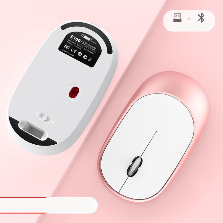 Vezeték nélküli egér kettős üzemmóddal, 2.4G, ultravékony, újratölthető, irodai és otthoni laptophoz, Vezeték nélküli egér minden számítógéphez alkalmas (szürke), rózsaarany