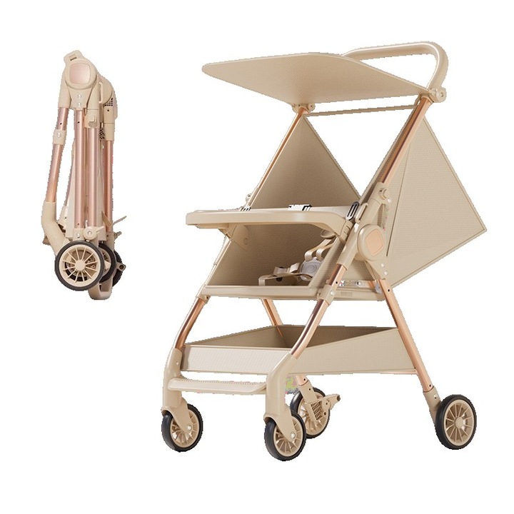 Сгъваема количка, от Fitilomania, Лека, Съвместима със самолет, за разходка/спане, Сенник, Кутия за съхранение, Маса, 93 x 70 x 40 см, Бежова
