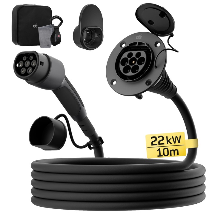 Удължителен кабел Тип 2, 22kW, 10 м, устойчив на атмосферни влияния, комплект със зарядна станция, водоустойчива чанта, каишка за носене, микрофибърна кърпа