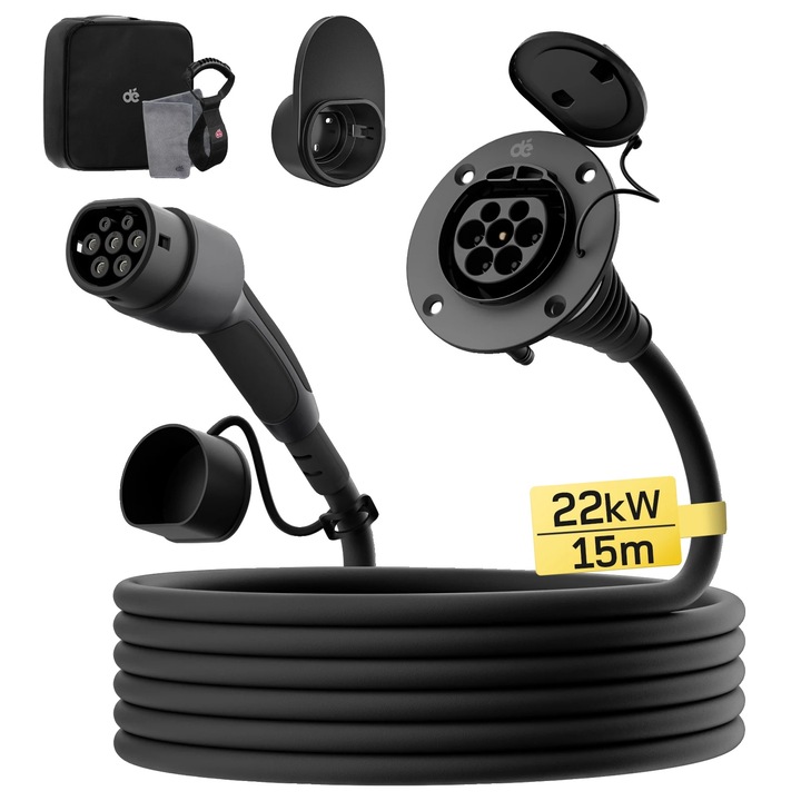 Удължителен кабел тип 2, 22kW, 15 м, устойчив на атмосферни влияния, аксесоари включени